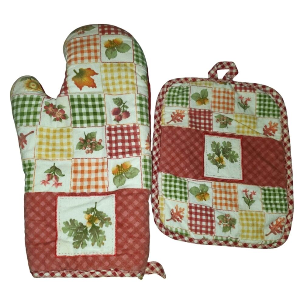 Fall Gingham Potholder and Oven Mitt Set